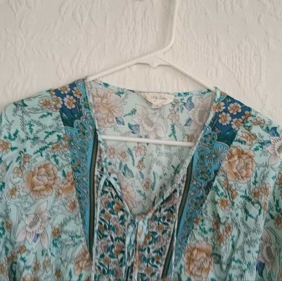 To My Lovers Teal Boho Western Blouse Turquoise Paisley Flowy Hippie Lace Up SM - Picture 2 of 8